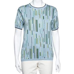 Prada Blue Printed Knit Short Sleeve Crew Neck Top M