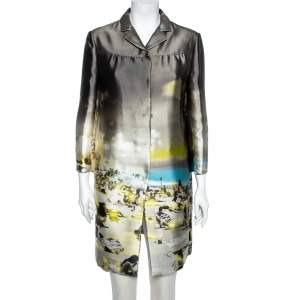 Prada Green Printed Satin Silk Button Front Lightweight Coat M