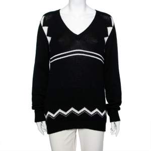 Prada Black Patterned Cashmere Knit V-Neck Sweater M