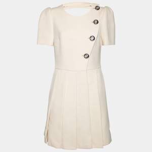 Prada Cream Wool Open Back Detail Button Front Pleated Dress M