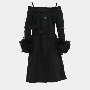 Prada Black Poplin Ostrich Feather Detail Off Shoulder Coat M