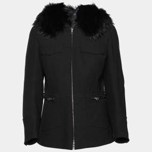 Prada Black Stretch Knit & Fur Trimmed Hooded Jacket M