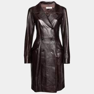 Prada Brown Leather Double Breasted Coat M