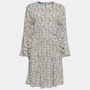 Prada Lilac & Cream Printed Silk Ruffle Trimmed Dress S