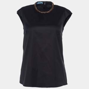 Prada Black Cotton Blend Embellished Collar Sleeveless Blouse S