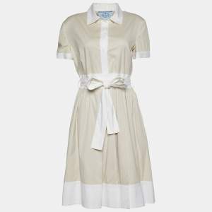 Prada Beige & Cream Stretch Cotton Pleated Shirt Dress L