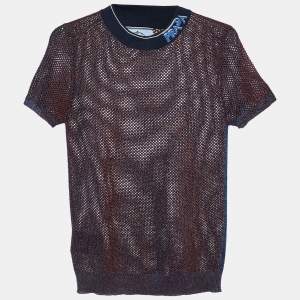 Prada Blue Lurex Perforated Knit Logo Detail Top M