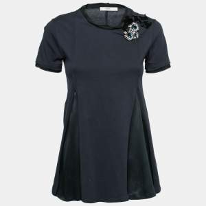 Prada Navy Blue Cotton & Silk Inset Applique Embellished T-Shirt S