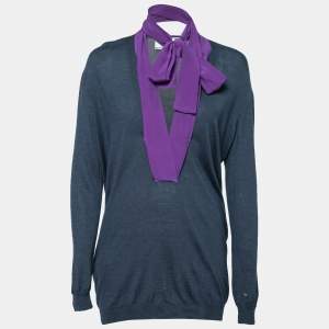 Prada Navy Blue Wool & Silk Neck Tie Detail Long Sleeve Sweater M