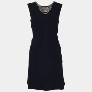 Prada Black Crepe Crystal Embellished Neck Mini Dress S