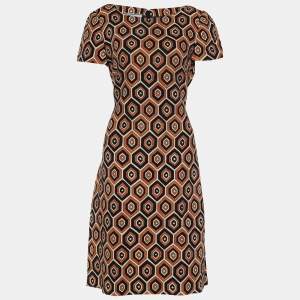 Prada Rustic Orange Geometric Print Wool Sheath Dress L