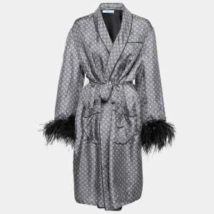 Prada Grey & Blue Paisley Print Silk Feather Cuff Robe Jacket L