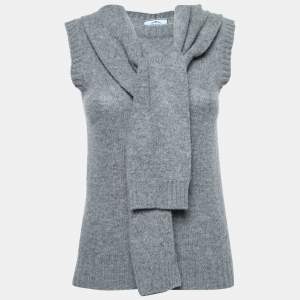 Prada Grey Wool & Cashmere Tie Detail Sleeveless Sweater S