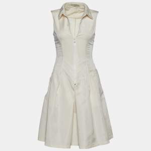 Prada Cream Synthetic Zip Front Sleeveless Mini Dress S