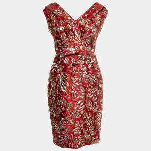 Prada Red Floral Jacquard Bow-Detail Midi Dress M   