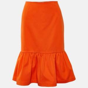 Prada Orange Cotton Ruffled Hem Midi Skirt S