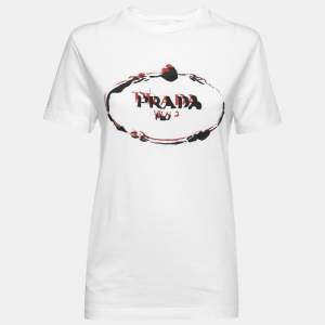 Prada White Cotton Logo Embroidered Crewneck T-Shirt S