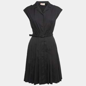 Prada Black Cotton Belted Pleated Midi Dress S