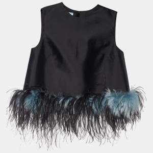 Prada Black Wool & Silk Ostrich Feather Trim Sleeveless Top S