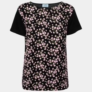 Prada Black Cotton Floral Appliqued Short Sleeve T-Shirt  L