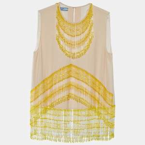 Prada Pale Pink Crepe Bead Tasseled Sleeveless Blouse S