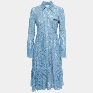 Prada Light Blue Floral Lace Shirt Midi Dress S