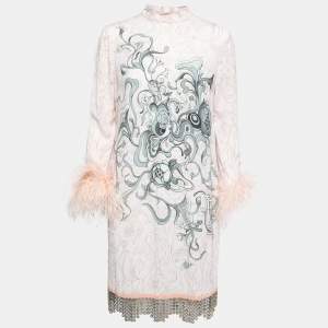 Prada Pink Printed Crepe Metal Hem & Feather Detail Sable Shift Dress S