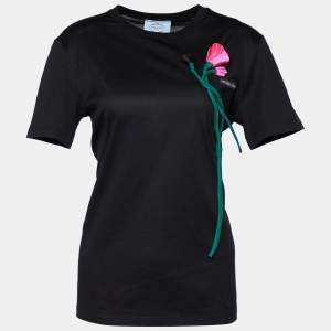 Prada Black Cotton Knit Floral Applique T-Shirt S