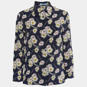 Prada Navy Blue Floral Printed Silk Shirt S