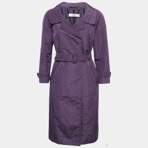 Prada Dark Purple Embossed Taffeta Belted Coat M