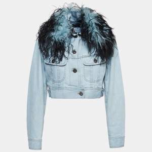 Prada Blue Denim Detachable Feather-Trim Collar Cropped Jacket S