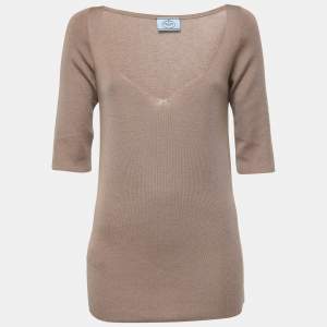 Prada Brown Cashmere & Silk Knit V-Neck Sweater L