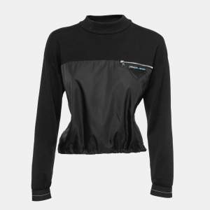 Prada Black Knit & Nylon Logo Patch Sweatshirt S