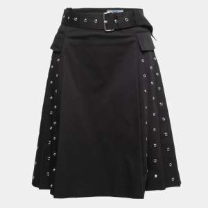 Prada Black Cotton Twill Belted Pleated Skirt S