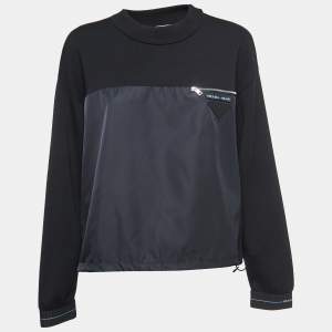 Prada Black Knit & Nylon Logo Patch Sweatshirt M