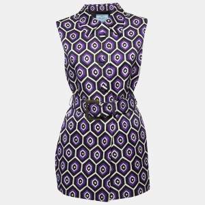 Prada Black/Blue Printed Silk & Wool Sleeveless Belted Mini Dress M