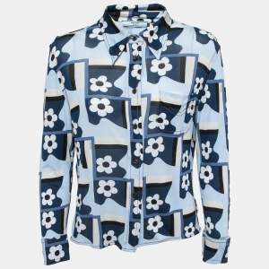 Prada Blue Flower Print Jersey Long Sleeve Button Front Shirt M