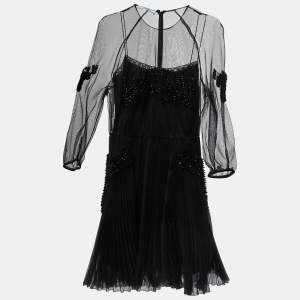 Prada Black Crystals Embellished Mesh Pleated Mini Dress  S