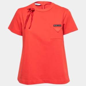 Prada Red Cotton Bow Detail A-Line Short Sleeve T-Shirt M