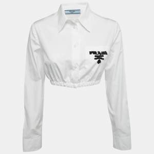 Prada White Cotton Logo Embroidered Cropped Shirt S