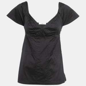 Prada Black Cotton Pleat Detail Cap Sleeve A-Line Top S