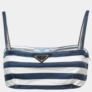 Prada Blue/White Striped Denim Logo Plaque Cropped Top M