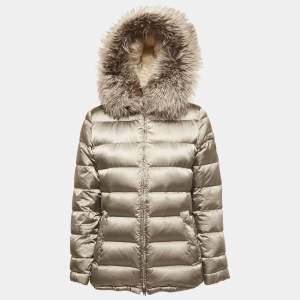 Prada Grey Nylon Fur Trimmed Hood Quilted Down Jacket M