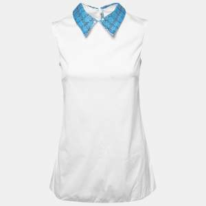 Prada White Cotton Sequined Collar Sleeveless Top S