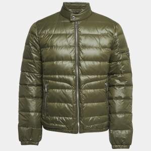 Prada Military Green Quilted Nylon Logo Patch Zip Front Down Jacket L