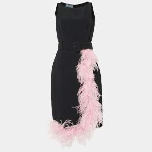 Prada Black Crepe Contrast Feather Detail Belted Midi Dress M