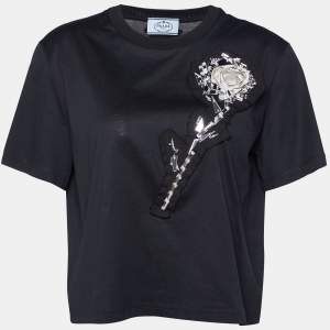 Prada Black Mirror Embellished Cotton Knit T-Shirt L