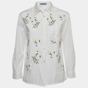Prada White Cotton Floral Sequin Embellished Button Front Shirt S