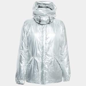 Prada Vintage Silver Nylon Detachable Hood Down Jacket M