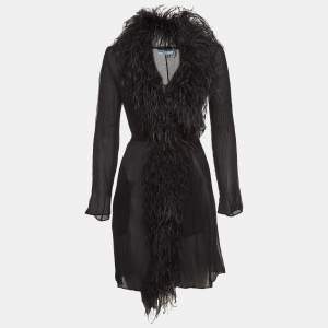 Prada Black Ostrich Feather and Silk Crinkle Semi Sheer Mid Length Coat XS